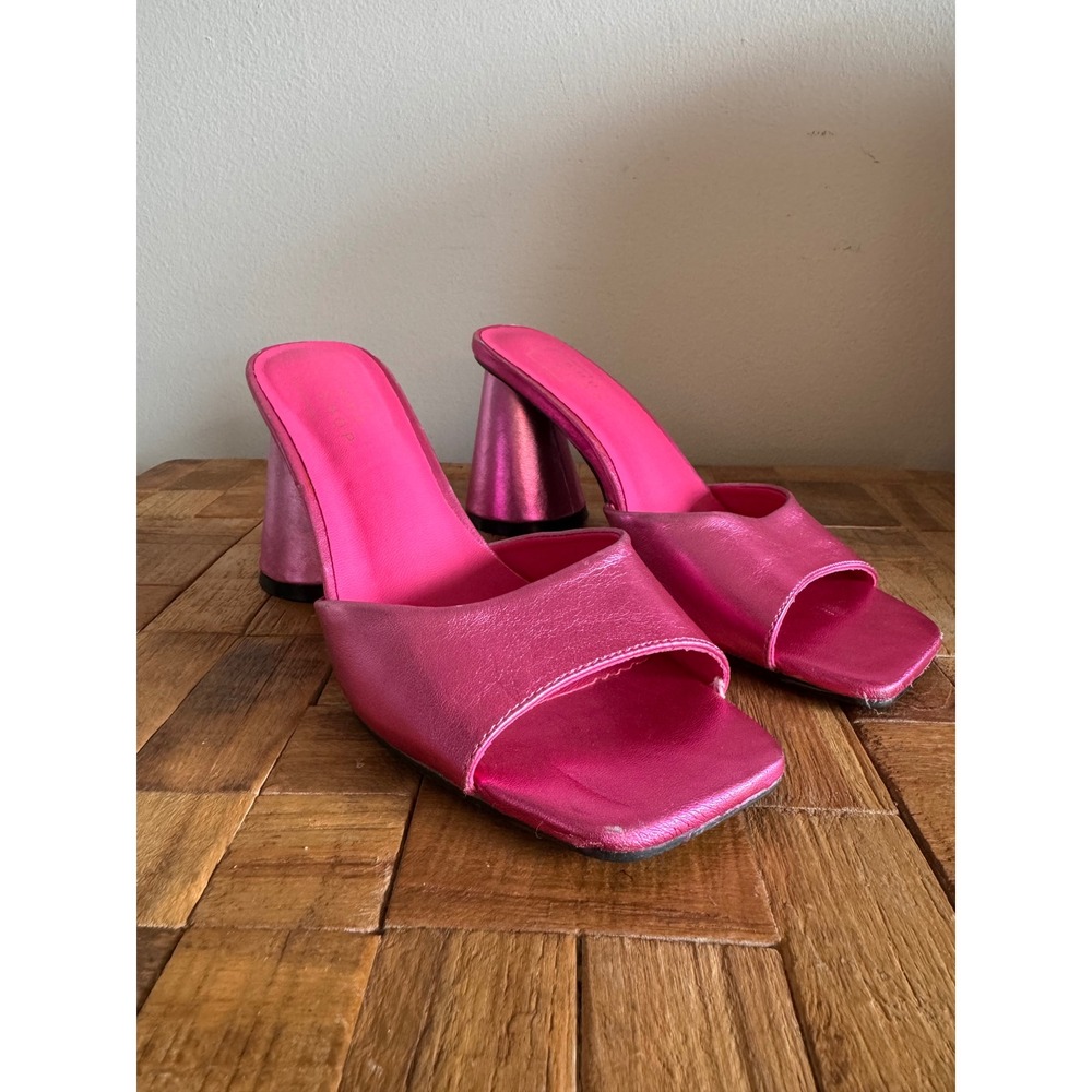 Shu Shop Womens Metallic Pink Square Toe Flared Block Heel Slide Mules Size 8